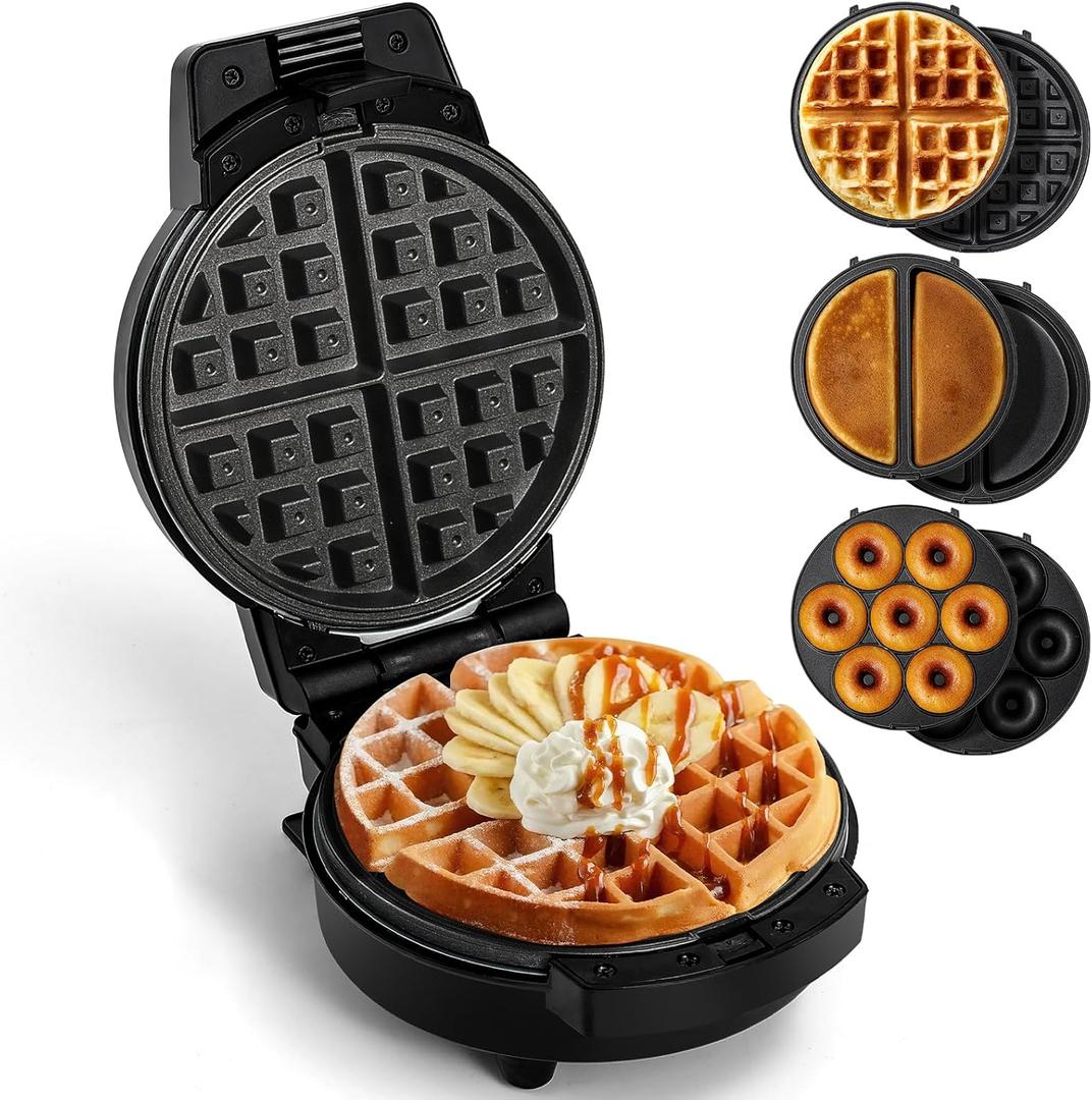 Mini Waffles Maker with 6 Removable Plates, 3 in 1 Small Waffle Maker Mini- Waffle, Pancake, Donut, 6" Non Stick Waffle Iron for Kids and Families, Black