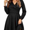 baronshion Women's Mini Party Dresse Sexy V Neck Long Sleeve Satin Silk Dress Elegant Flowy Cocktail Dress Black (Black, M)