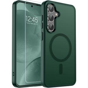 Supfine Magnetic for Samsung Galaxy S24 Case / S25 Case with Screen Protector, (Built-in Magnets) (Military Grade Drop Protection) Slim Translucent Shockproof Phone Case,Forest Green