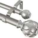 KAMANINA 1 Inch Double Curtain Rods for Windows 140 to 195 Inches (12-16 Feet), Silver Heavy Duty Double Curtain Rod, Telescoping Drapery Rod with Netted Texture Finials