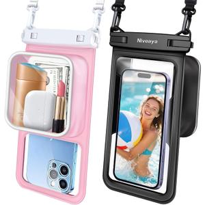 Niveaya [Floatable Floating Waterproof Phone Pouch 2 Pack-Up to 8.5", Large Space Adjustable Neck Lanyard Waterproof Phone Case, Phone Dry Bags for Vacation Beach Pool Kayak Cruise Travel Essentials (Black + Pink)