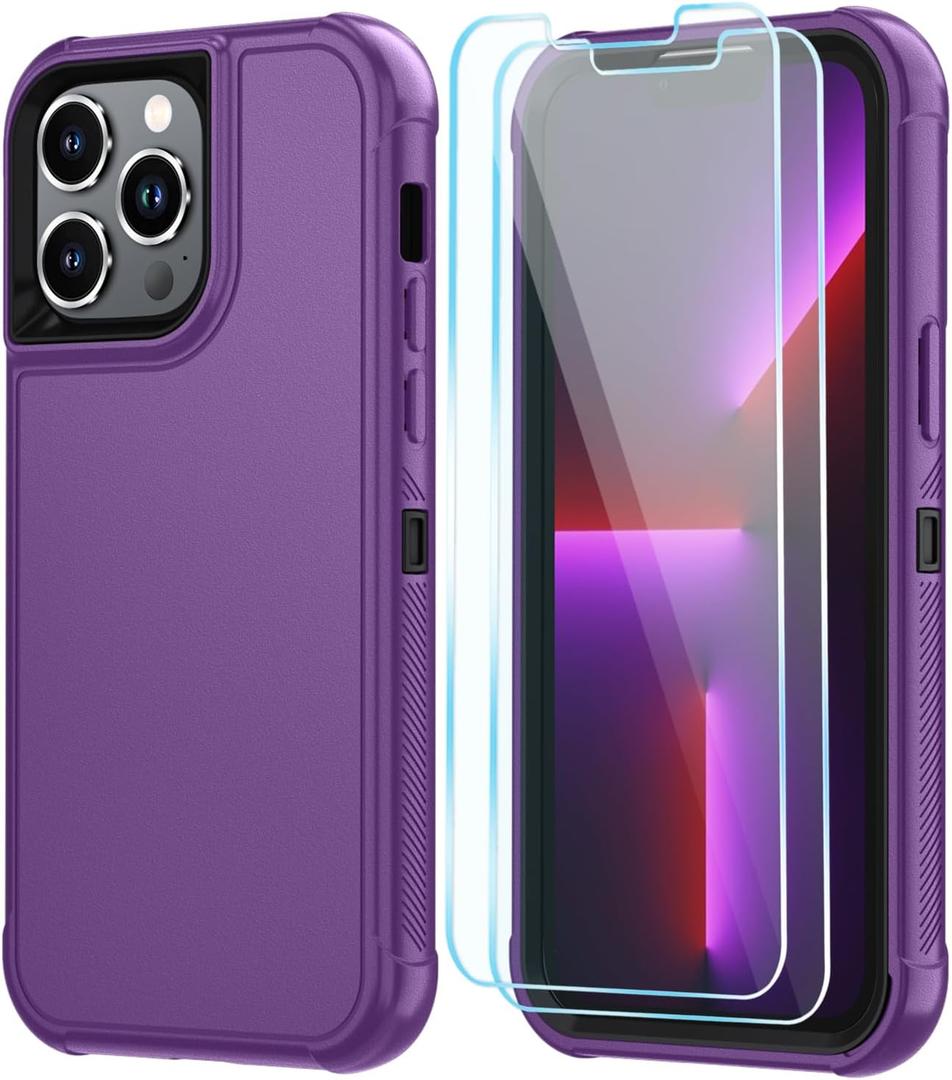 SunStory Compatible with iPhone 13 Pro Case with HD Screen Protector, 3-Layer Heavy Duty Full-Body Cover,3 in 1 Hybrid Protective Case for iPhone 13 Pro 6.1",Purple