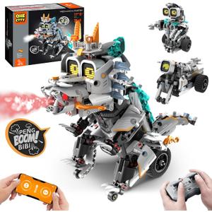 STEM Building Toys for Kids 6-14, Remote & APP Controlled 3in1 STEM Dinosaur Motorcycle Robot Building Kit for Kid with Music Spray, 646 Pcs Building Blocks Set Birthday Xmas Gift Ideas for Boys Girls (Grey Black-3in1)