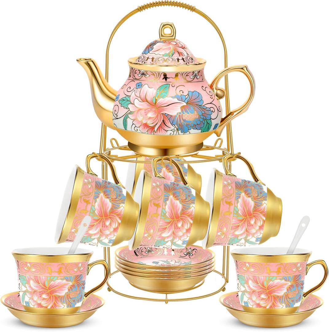 20 Pcs Porcelain Tea Set for Adults with Metal Holder and Spoon European Ceramic Tea Party Set Flower Painting Teapot Cup Saucer for Women Gift, Serving 6 People(Fresh)