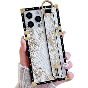 Compatible with iPhone 13 Pro Max Case Rectangle with Wrist Strap Kickstand Holder,Snake Skin PU Leather Luxury Designer Protective Phone Cover for Women Girls (White)