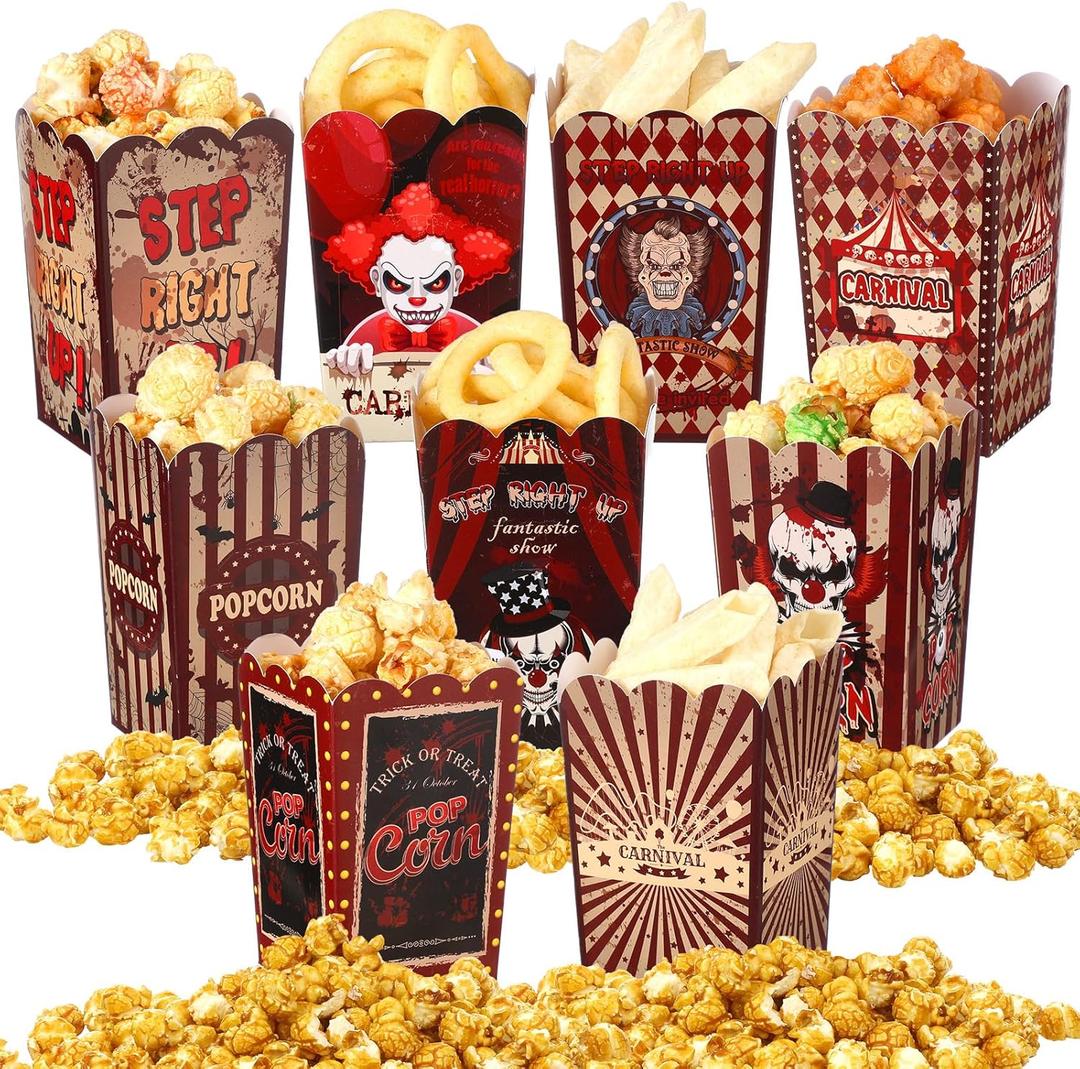 90 Pcs 9 Styles Halloween Creepy Popcorn Boxes Cardboard Popcorn Bags Snack Boxes Spooky Treat Bags for Candy Biscuits Party Favors