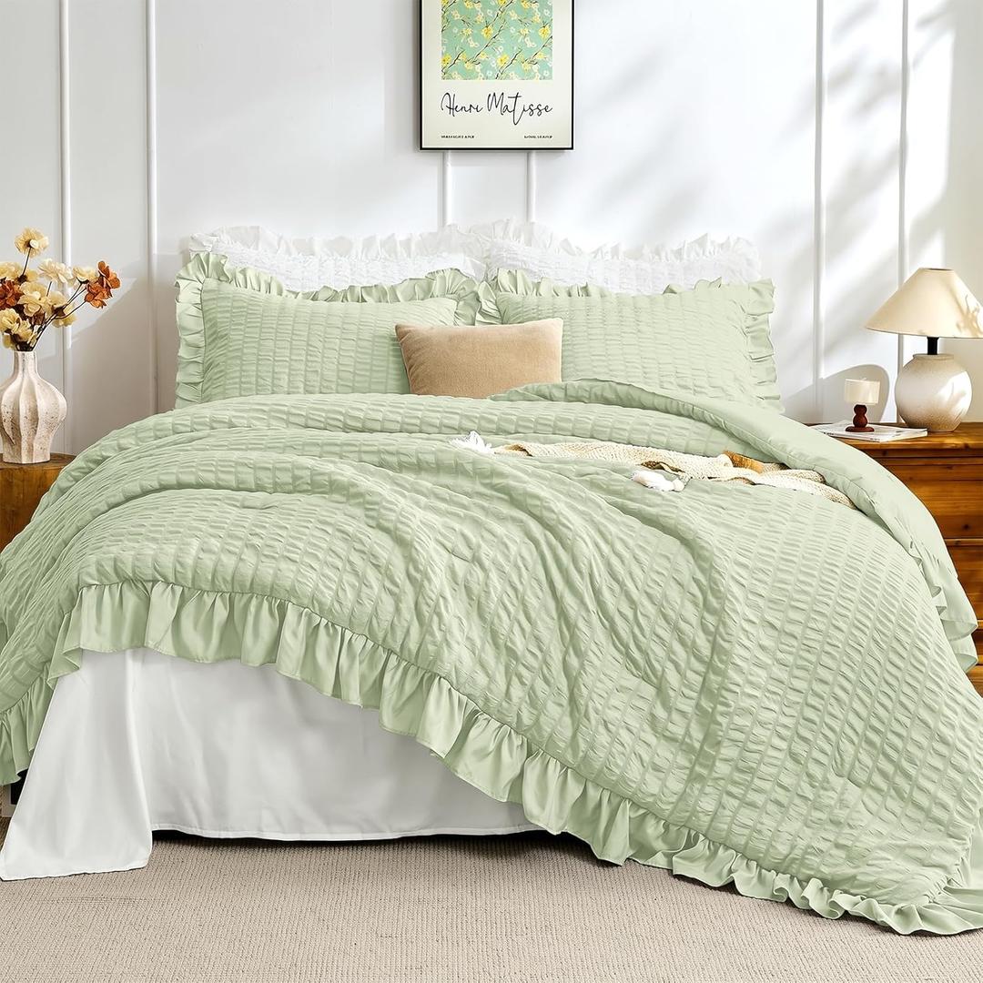 JOLLYVOGUE Sage Green Twin Size Comforter Set, 2 Pieces Seersucker Lightweight Fluffy Bedding Set, Twin Ruffle Comforter, All Season Soft Microfiber Shabby Chic Bed Set