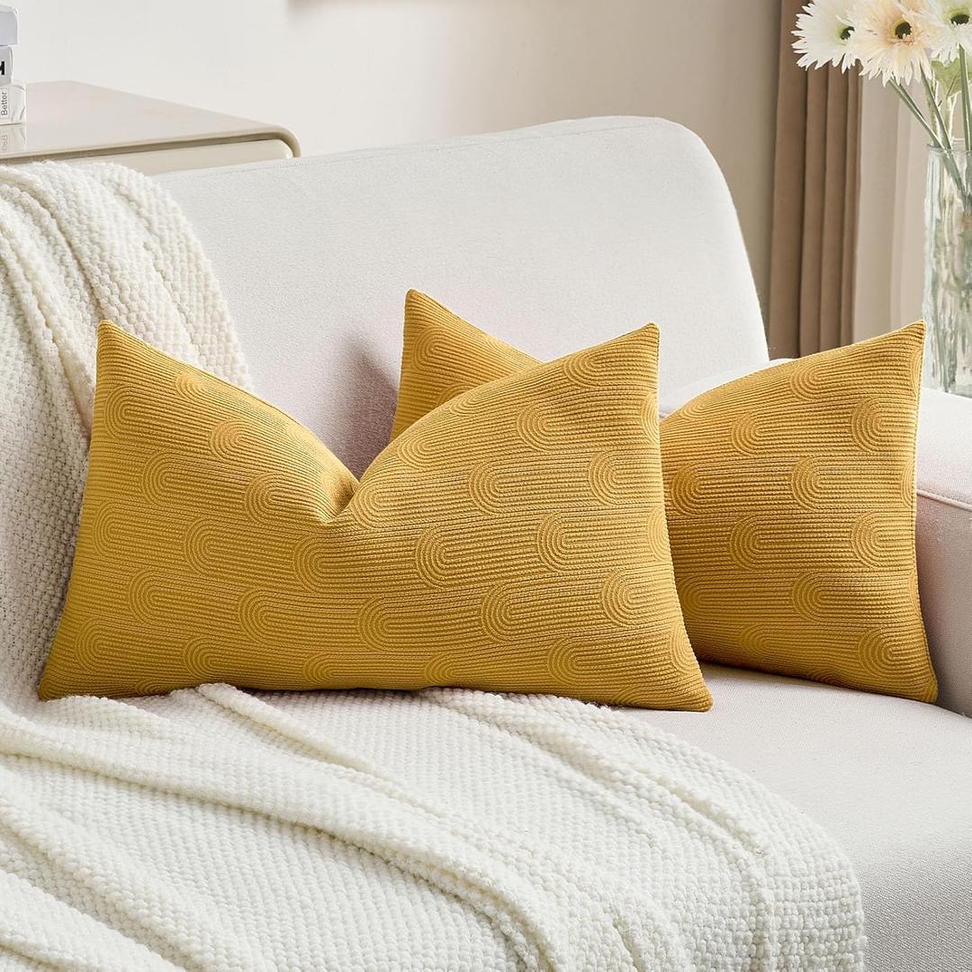 FUTEI Pack of 2 Chenille Decorative Throw Pillow Covers 12x20 Inch,Soft Cozy Striped Geometric Patterns Lumbar Pillow Cases,Modern Home Decor for Couch Bed Living Room,Mustard Yellow