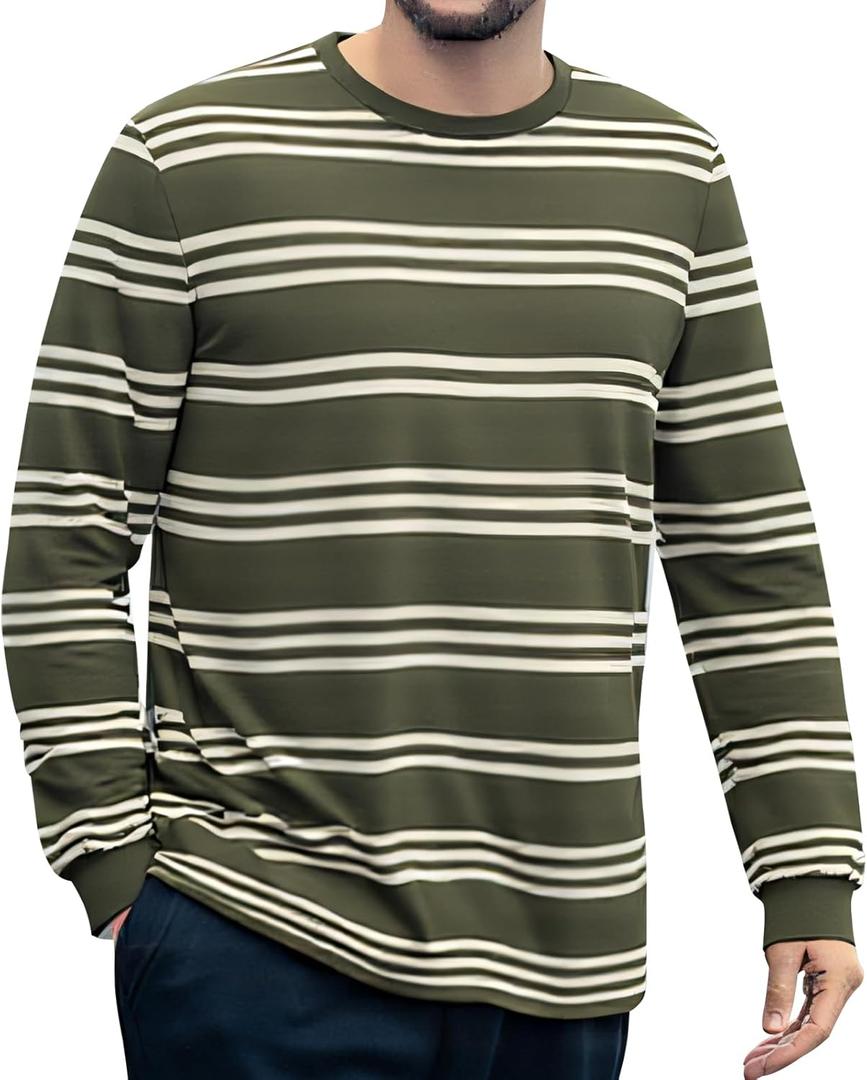 ZVX Striped Long Sleeve Shirt Men,Crewneck Mens Striped T Shirt, Classic Casual Top Light Green Stripes X-Large (Green, M)