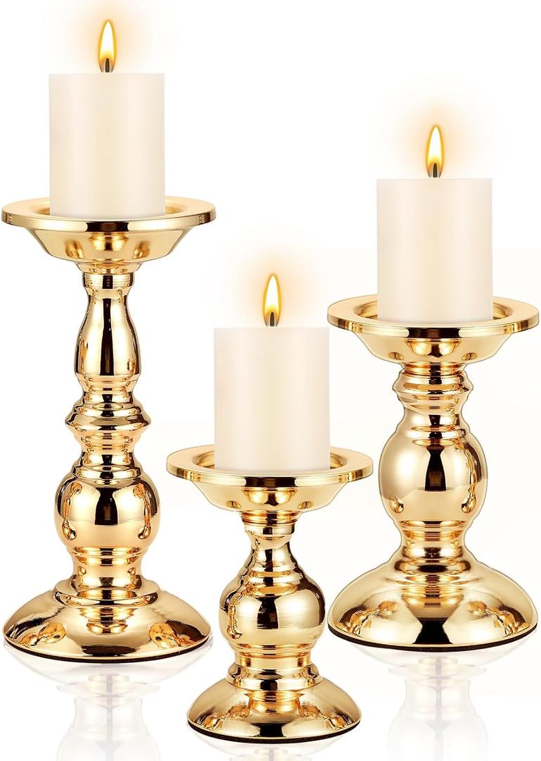 3 Sets Gold Pillar Candle Holders Metal Candle Holders for Pillar Candles, LED Flameless Candles 5.31, 6.50, 8.46 Inch Tall for Table Centerpiece, Fireplace Decor