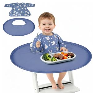 RICHER HOUSE Coverall Baby Feeding Bib, for High Chair Food Catcher, Long Sleeves Eating Bib for Highchair and Table, Detachable, Waterproof, Baby Bibs for Babies from 6 Months to 3 Years, Blue