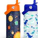 Kid Water Bottle 12oz with Straw Lid - 2-Pack Insulated Stainless Steel Water Bottles for Kids Girls - Travel Cup for Back to School Sports Christmas Birthday (Solar System & Dinosaur)