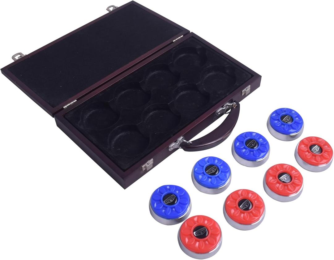 Hathaway Pro-Series Shuffleboard Puck Set – Set of 8 Regulation 2.312-in Pucks with Dimpled Tops, Beveled Edges & Wooden Storage Case – Red/Blue