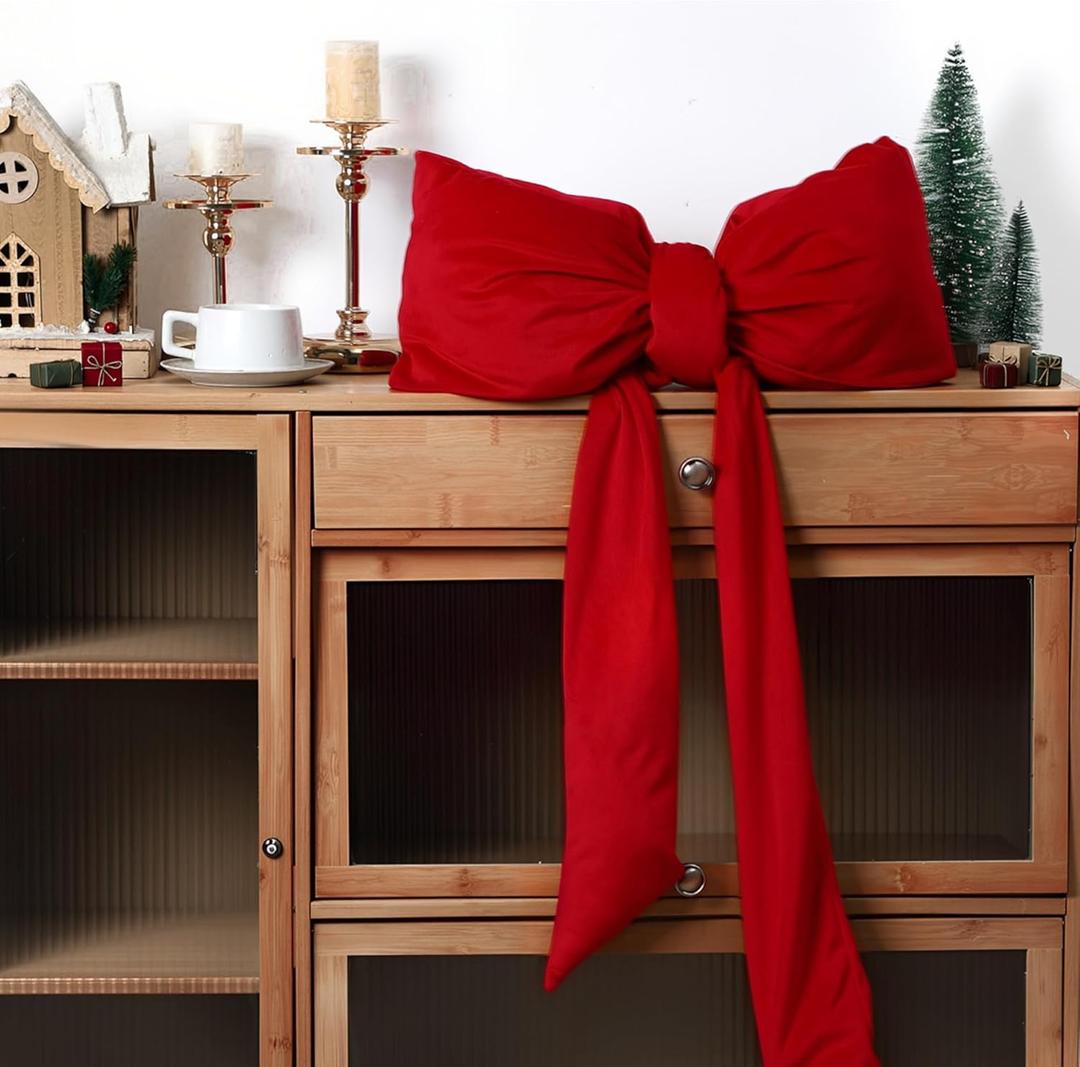 Amyhill Long Christmas Velvet Bow Pillow, Soft Furry Red Bow Throw Pillows for Cushion Bed Sofa Couch Holiday Outdoor Car Home Decor 18x39 Inches