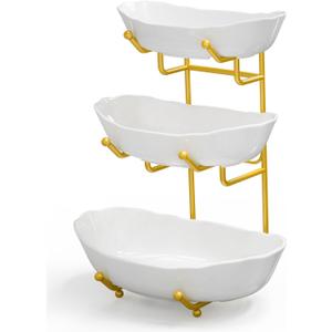 Fruit Bowl for Kitchen Counter, 3 Tier Ceramic Fruit Basket with Metal Stand, Tiered Fruits Stand for Countertop, Serving Bowls for Fruit Vegetable Snack Nuts (Gold, White)