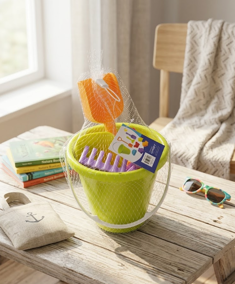 Beach Bucket Toy Set 9 Piece 1 Bucket 2 Shovels 1 Rake 5 Sand Molds