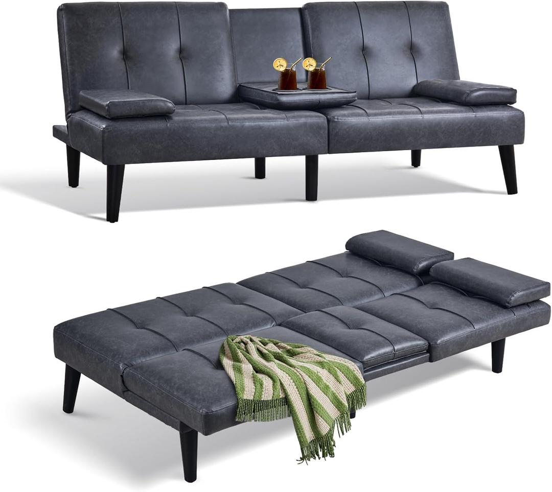 COLAMY Leather Futon Sofa Bed - Small Couch With Cup Holder, Removable Armrest, Adjustable Backrest - Convertible Lounge in Darkgrey