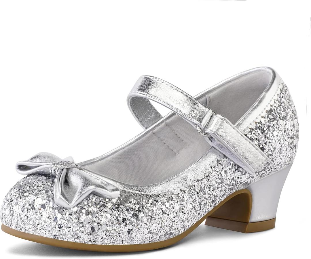 K KomForme Girl's Dress Shoes Mary Jane Glitter 1.5 in Low Heel Wedding Party Princess Shoes for Toddler/Little/Big Kids (Silver)