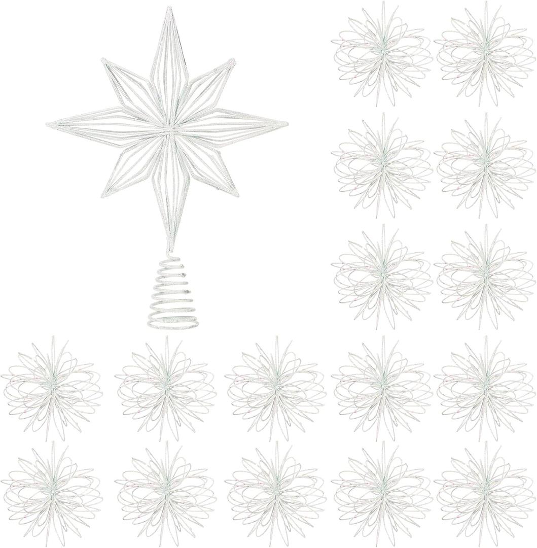 Barydat 17 Pcs Christmas Tree Decorations Set Glitter Star Christmas Tree Topper Metal Xmas Treetop with 16 Hanging Flower Christmas Balls Ornaments for Holiday Xmas Tree Party Decoration (White)