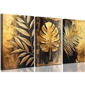 3 Pcs Gold Tropical Leaves Canvas Wall Art Luxurious and Elegant Jungle Gold Monstera Botanical Painting Picture Wall Decor Poster Print Artwork Living Room Bedroom Home Decoration