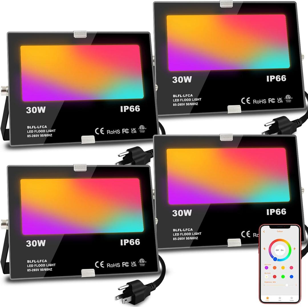 LED Flood Light Outdoor 30W, 300W Equivalent 3000LM Smart RGB Landscape Lighting with APP Control, DIY Scenes - Timing - Warm White 2700K - Color Changing Uplight, IP66, US Plug MELPO (4 Pack)