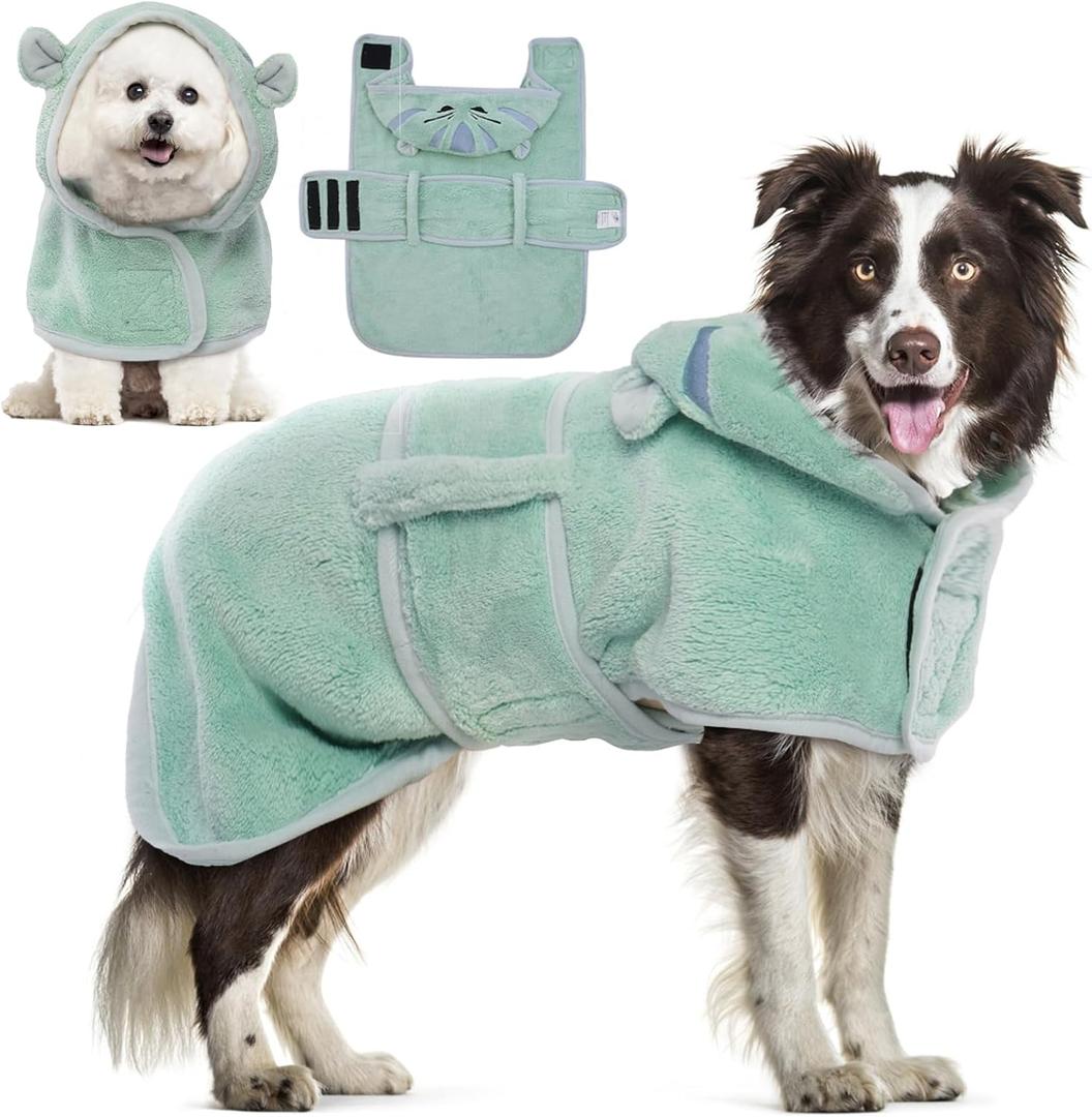 DENTRUN Dog Robes for After Bath - Super Absorbent & Fast Drying Dog Bathrobe with Adjustable Hood, Belly Strap - Warm Puppy Coat for Small Large Breeds, Bath/Beach/Swimming Quick Dry Towel Robe (Green), L