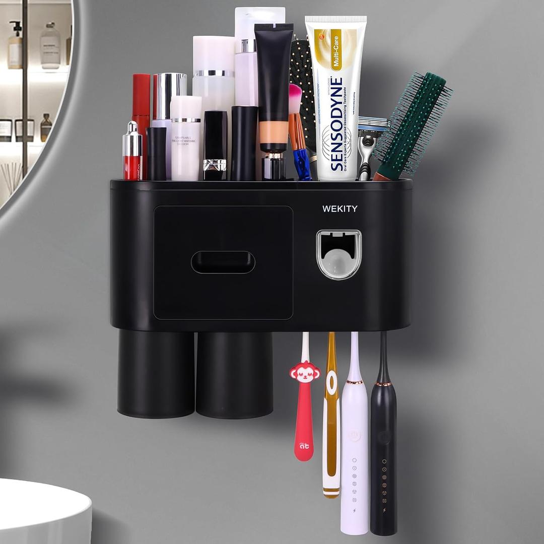 Wekity Multifunctional Wall-Mounted Toothbrush Holder, Automatic Toothpaste Dispenser Space Saving Toothbrush and Toothpaste Holder, with 2 Cups and Drawers Cosmetic Organizer (Black)