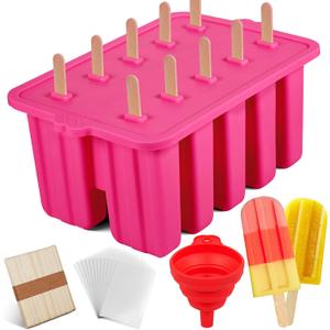 Homemade Popsicles Molds, Food Grade Popsicle Molds for Kids, 10 Cavity Non-BPA Silicone Ice Pop Maker, Reusable Silicone Popsicle Molds with 50 Stick, 50 Bags, Funnel (Pink)