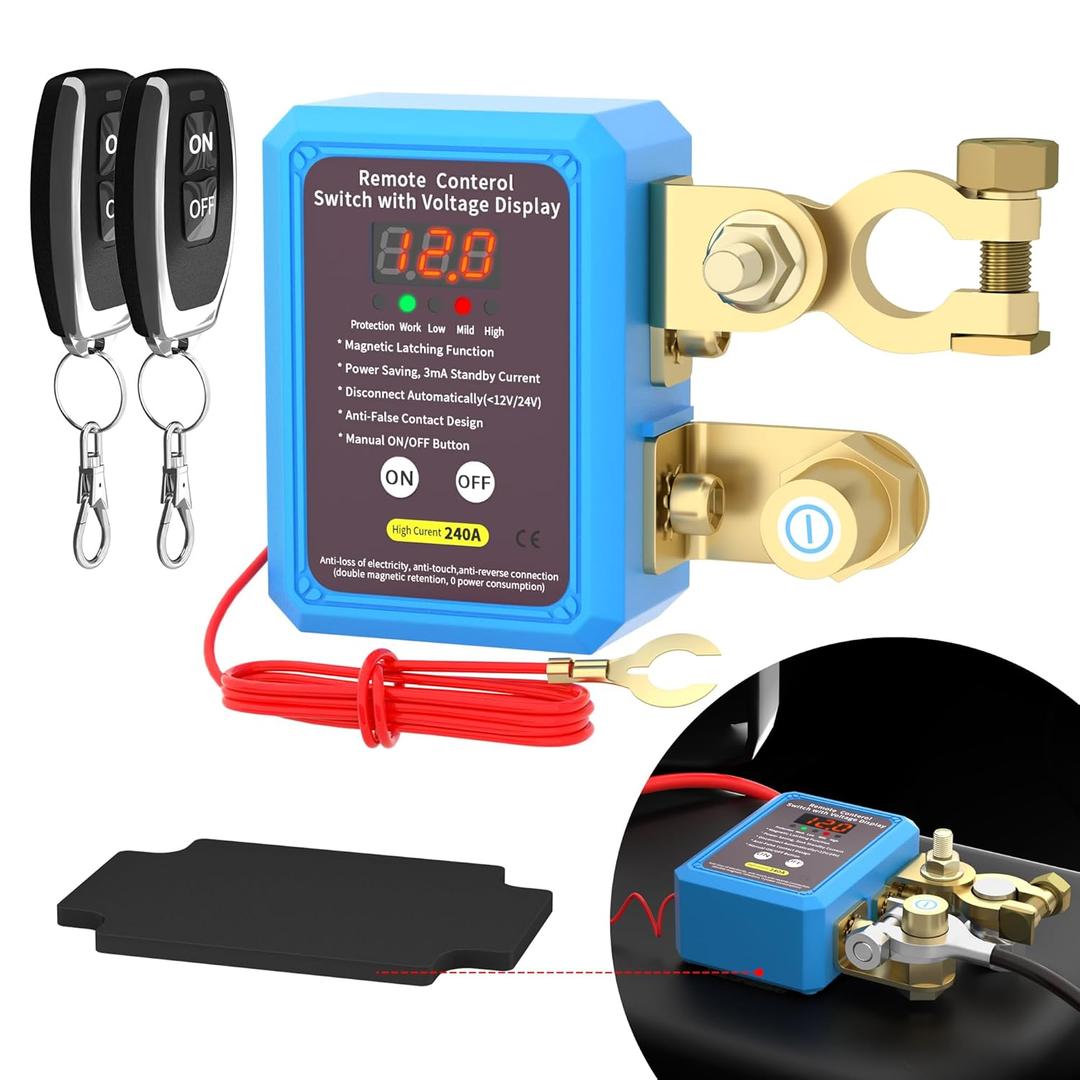 240A Kill Switch 12V Remote Battery Disconnect Switch with Led Voltage Display Automatic Power Shut Off Switch Anti Theft for Auto Car Truck Boat