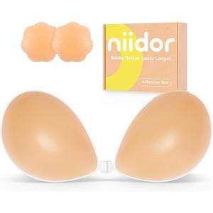 Niidor Adhesive Bra Strapless Ultra Sticky Invisible Push up Silicone Bra Multiple Colors Sizes Reusable for Backless Dress (Creme)