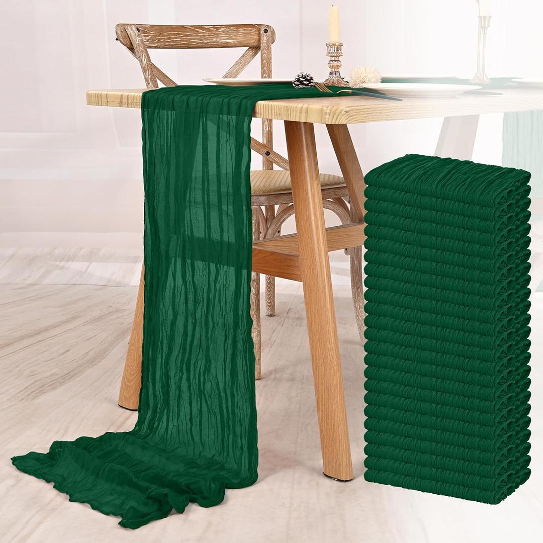 24 Pack Dark Green Cheesecloth Table Runner 10FT Boho Gauze Cheese Cloth Table Runner Rustic Sheer Fabric Table Runners for Wedding Bridal Shower Baby Shower Party(21.5120 Inch)