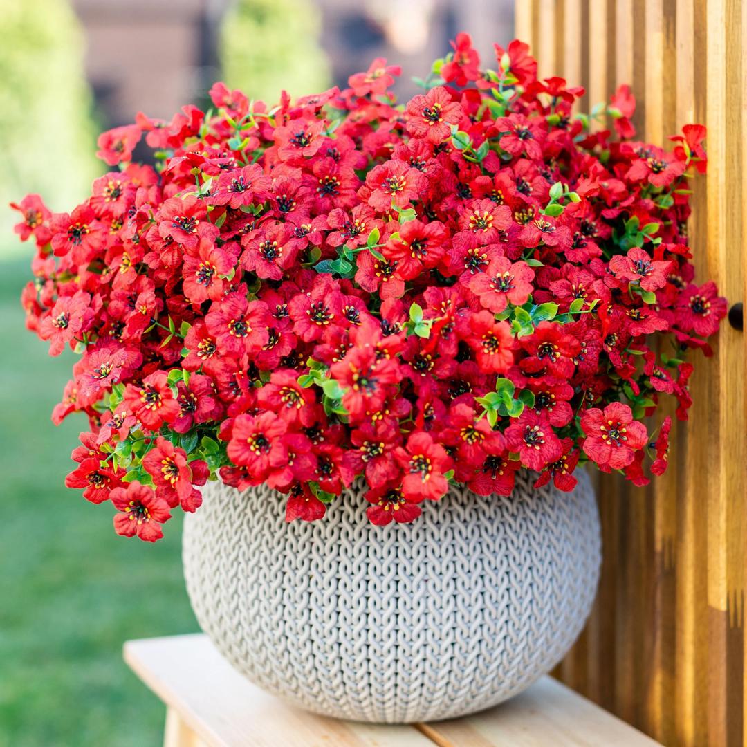 Kingsboomy Artificial Flowers for Outdoors, Faux Plants Flowers, 12 Bundles Silk Colorful Fake Flowers Eucalyptus Realistic UV Resistant for Outside Home Planter Porch Patio Yard Decor (12, Red)