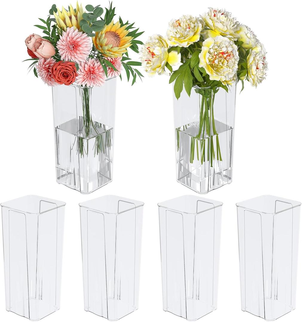 6-Pack Clear Acrylic Flower Vase for Centerpieces, Tall Square Decorative Plastic Flower Vase
