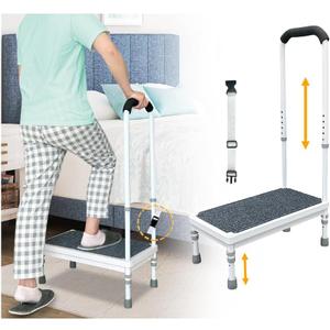 Medical Step Stool with Handle Elderly Adults Bed Steps for High Beds Rails Adjustable Assist Bar Heavy Duty Stepping Stool Metal Wide Step Platform Seniors Handicap Bed Side Foot Stool with Handrail