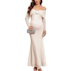 AISWI Maternity Off The Shoulder Mermaid Maxi Dress Mesh Bodycon Pregnancy Dresses Baby Shower Photoshoot with Floral, L