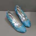 Wedding Shoes Women's Silk Like Satin Chunky Heel Pumps with Stitching Lace Flower Crystal Pearl (9, Cyan-Blue)