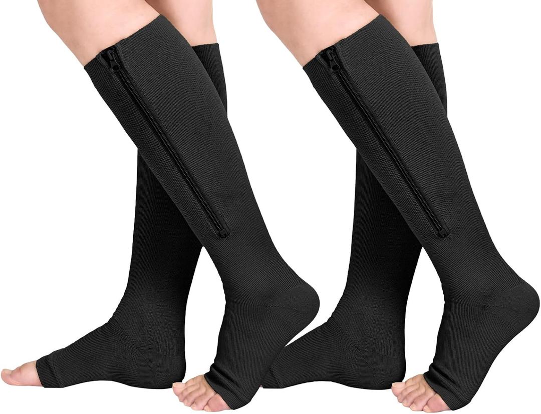Athbavib 2 Pairs Compression Socks for Women & Men with Zipper 15-20 mmhg, Wide Calf Open Toe Plus Size Compression Socks Men, Knee High Compression Stockings for Flying Nurses Pregnant Women Travel (4X-Large)