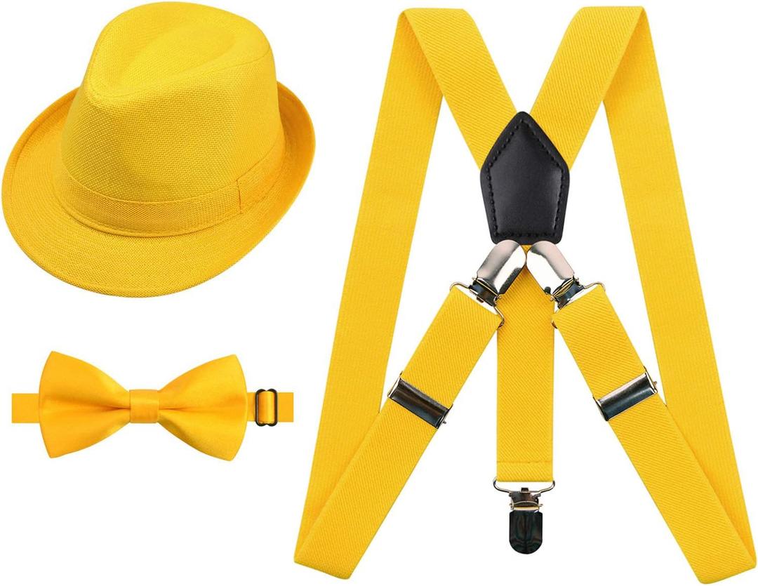 Alizeal 100 Days of School Costume for Kids 2.5cm Elastic Braces 3 Clip Suspender and Bow Tie Set with Fedora Hat (Yellow)