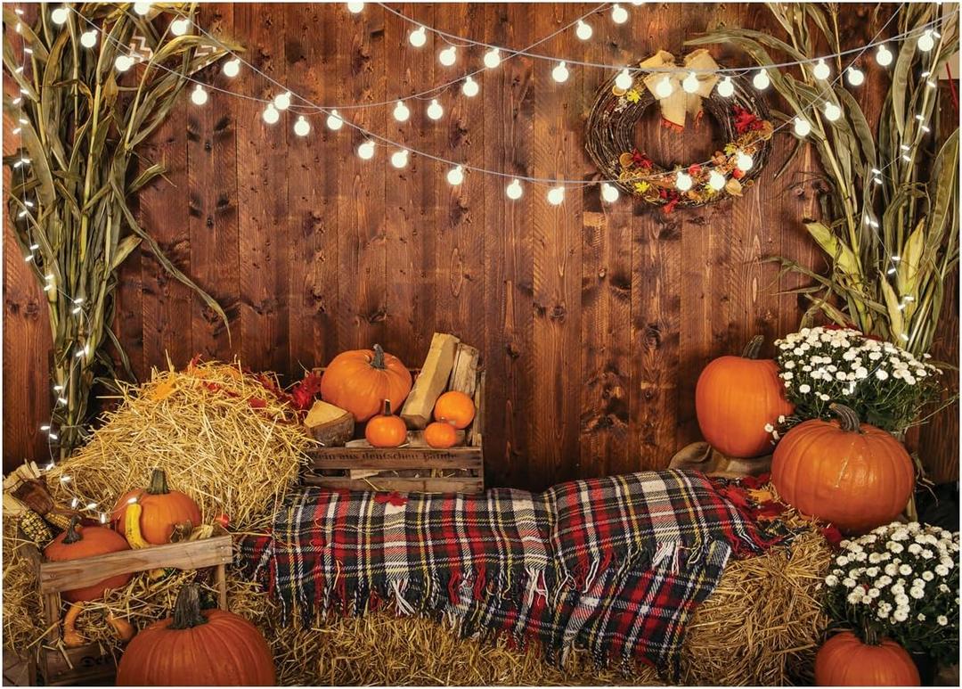 WOLADA Fall Autumn Photo Backdrop for Photography Fall Backdrops for Photoshoot Wooden Board Haystack Pumpkin Background 7x5FT 12480