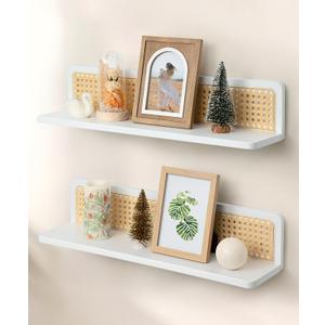 Rattan Floating Shelves, 23.6 Inch Boho Cane Webbing Wall Shelves Farmhouse Display Storage Organizer White Bookshelves Wicker Room Decor for Living Room Bedroom Entryway Hallway, Set of 2 (3.94"x23.6"x3.07")