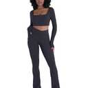 Sunzel Hidden Butt Lifting Scrunch Flare Leggings for Women with Pockets No Front Seam Tummy Control Mini Flared Yoga Pants 32" Inseam Charcoal Gray Small