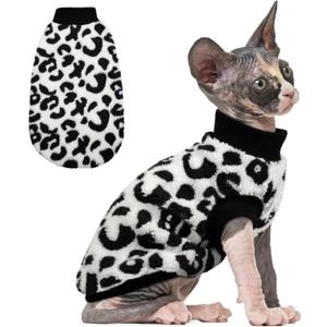 PUMYPOREITY Cozy Fleece Cat Sweater - Stretchy & Warm Knitted Cat Shirt, Super Soft Kitten Sweater, Machine Washable Pet Clothing for Comfort & Style, Black Leopard, XS