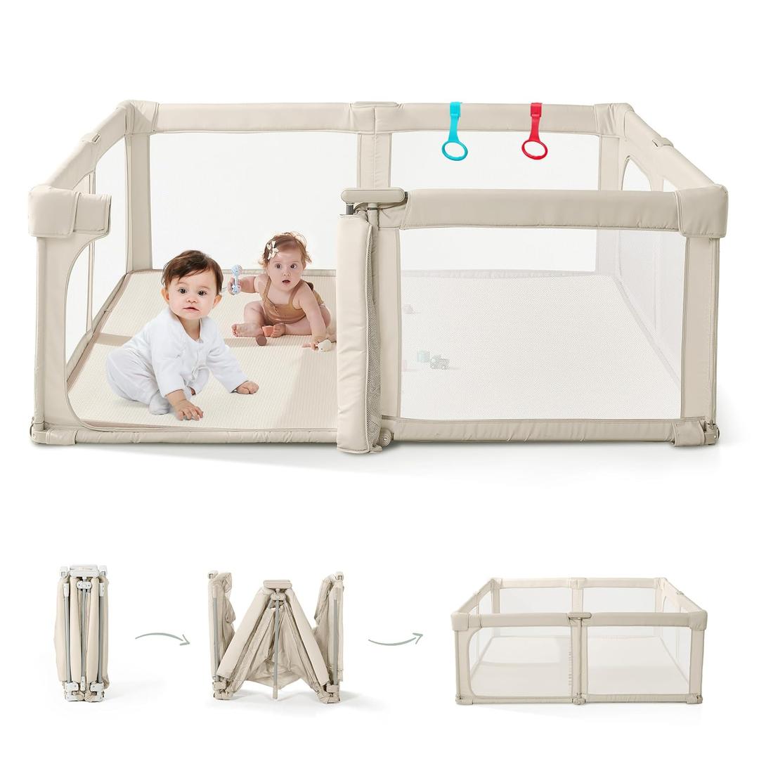 Baby Playpen, Pre-Assembled Foldable Playpen with Walk-in Door, 55" x 79" Large Baby Play Yard for Babies & Toddlers, Portable Indoor Fence Play Area, Breathable Mesh