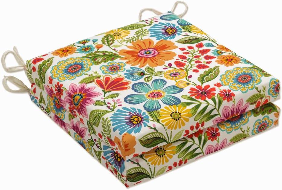 Pillow Perfect Bright Floral Indoor/Outdoor Chair Seat Cushion with Ties Squared Corner, Plush Fiber Fill, Weather, and Fade Resistant, 20" x 20", Blue/Purple Gregoire 2 Count