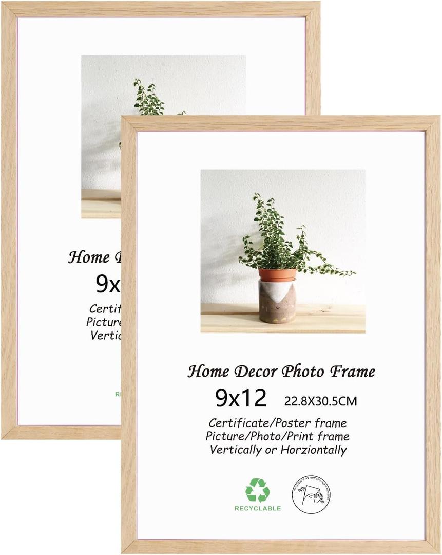 LYYYXGYP 9x12 Wood Picture Frame 2 Pack Wooden Photo Frame Natural Solid Oak Wood Beige Gallery Poster Frames with Plexiglass for Wall and Tabletop Display