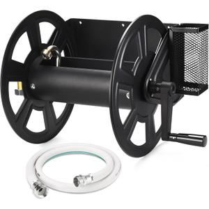 AugFir Garden Wall Mounted Hose Reel, Metal Hose Reel, Holds 125ft of 5/8-Inch Hose(Not equipped), Equipped with 3.9ft Water Supply Hose and Small Storage Basket, Suitable for Gardens & Yards(Black)