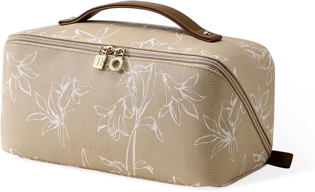 EACHY Travel Makeup Bag, Large Capacity Cosmetic Bags for Women, Waterproof Portable Pouch Open Flat Toiletry Bag Pattern Makeup Bag (F-Brown) (Medium)