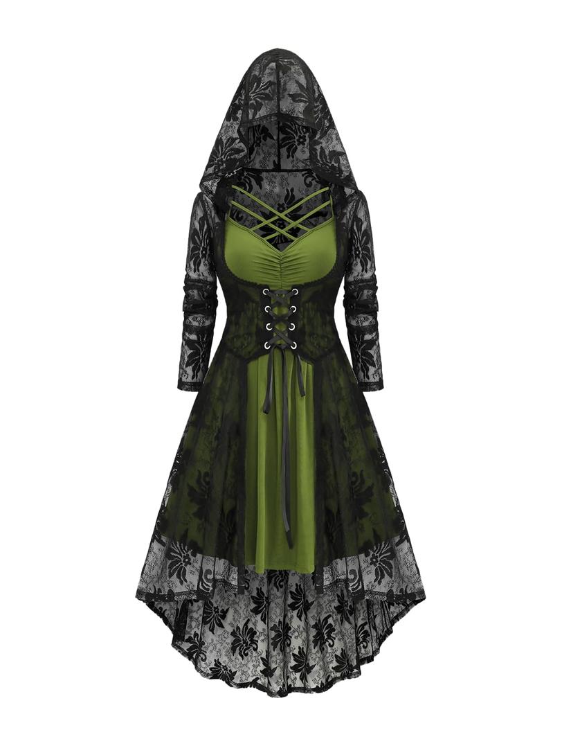 Rosegal Plus Size Women 2PCS Gothic Lace Hooded Dress(Green_1/5X) (Green, XL)
