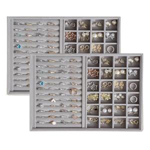 KATISYIO Large Velvet Jewelry Tray 2 Pack Stackable Jewelry Display Drawer Inserts Trays Organizer for Earring Bracelet Necklace Ring (Gray, Ring and 24 Grids)