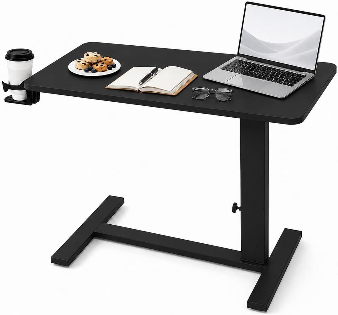 31" Adjustable Overbed Table with Wheels, Pneumatic Height Adjustable Bedside Desk, Rolling Laptop Desk for Bed, Sofa & Recliner, Mobile Standing Computer Workstation for Home & Hospital, 31.5 x 15.75 x 25.59-35.43 inches
